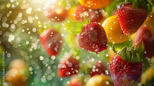 Juicy strawberries splashing among vibrant citrus fruits in a summer delight photo