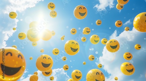 many yellow laughing emoticon balls flying in the sunny sky for World Laughter Day © World of AI