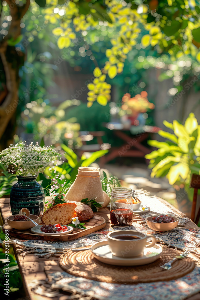 breakfast on the table in the garden. selective focus.