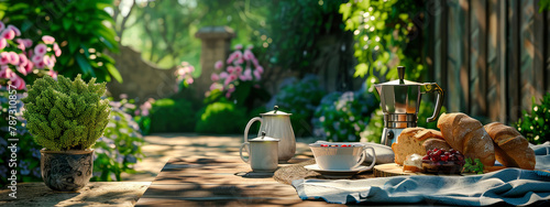 breakfast on the table in the garden. selective focus.