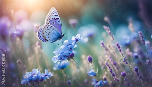 Spring flowering bloom wallpaper. Many lilac purple wild flowers in forest on glade glow in sun on a dark background macro soft focus. Spring templates, amazing magic artistic image  © Ezio