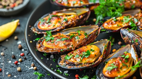 Exquisite presentation of grilled mediterranean mussels on sophisticated black plate