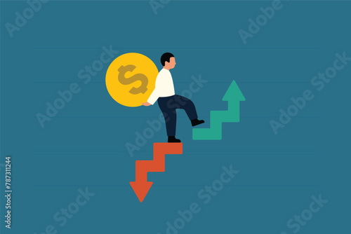Business Graph Fluctuation. Stock market rebound and economic recover concept. Investor Leap From Red Downward Arrow to Green Upward Arrow. Vector Illustration