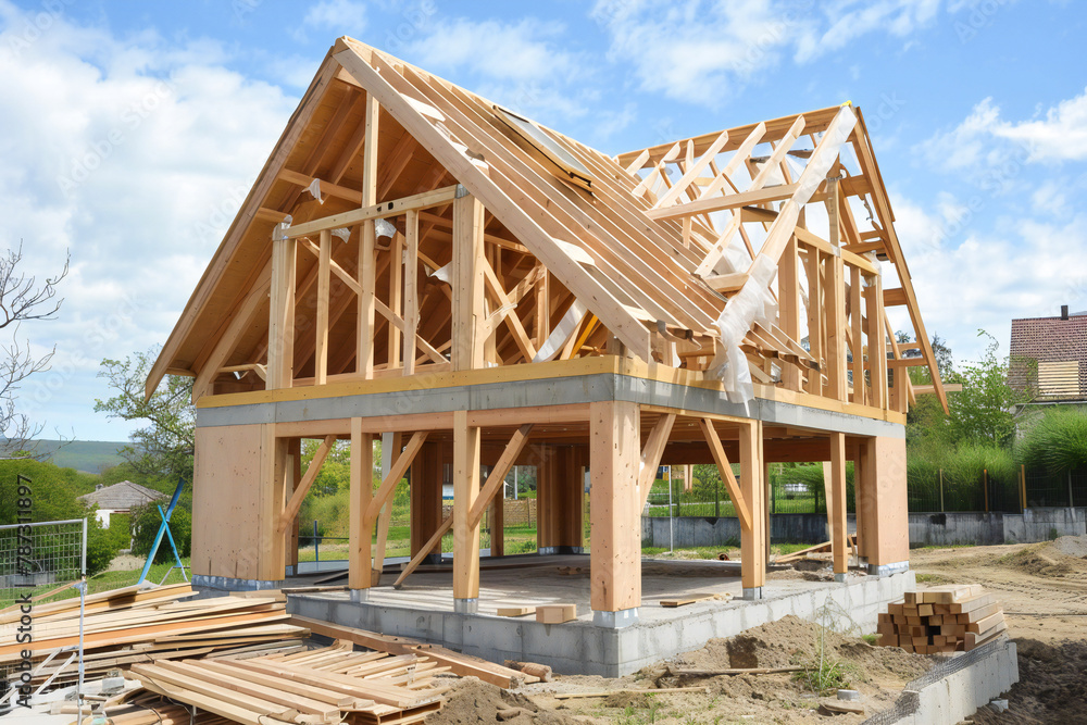 Construction of wooden frame house, assembly of frame house, warm and ecological modern house Construction of wooden frame house, assembly of frame house, warm and ecological modern house
