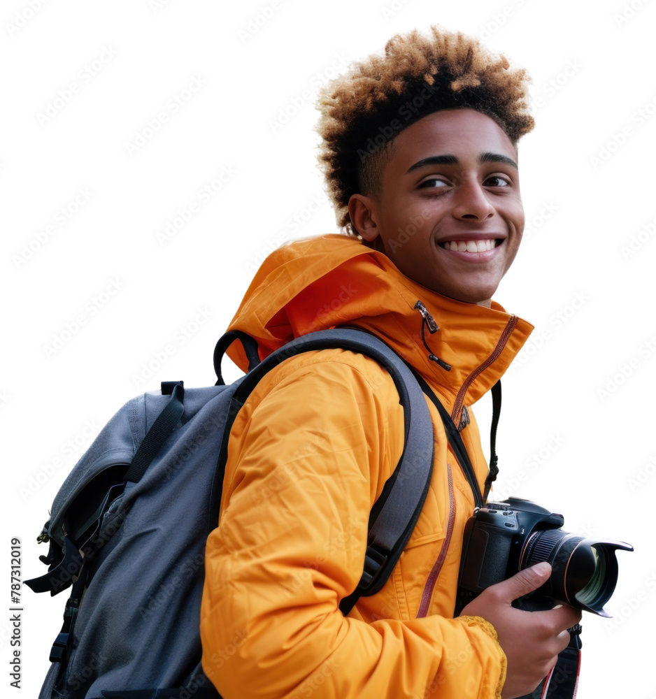 PNG Mixed race teen man backpack camera outdoors PNG Mixed race teen man backpack camera outdoors