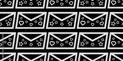 Modern beautiful flat pattern with mail envelopes with hearts and stars. Birthday, Valentine's day. Endless texture for print