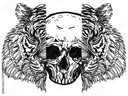 Tattoo art tiger and skull pattern drawing and sketch black and white