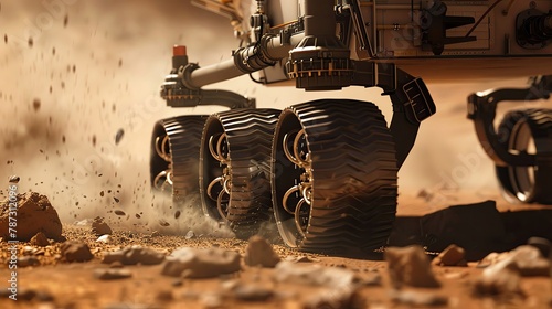 Mars rover in operation, rugged exploration vibe, closeup on robotic maneuvers photo