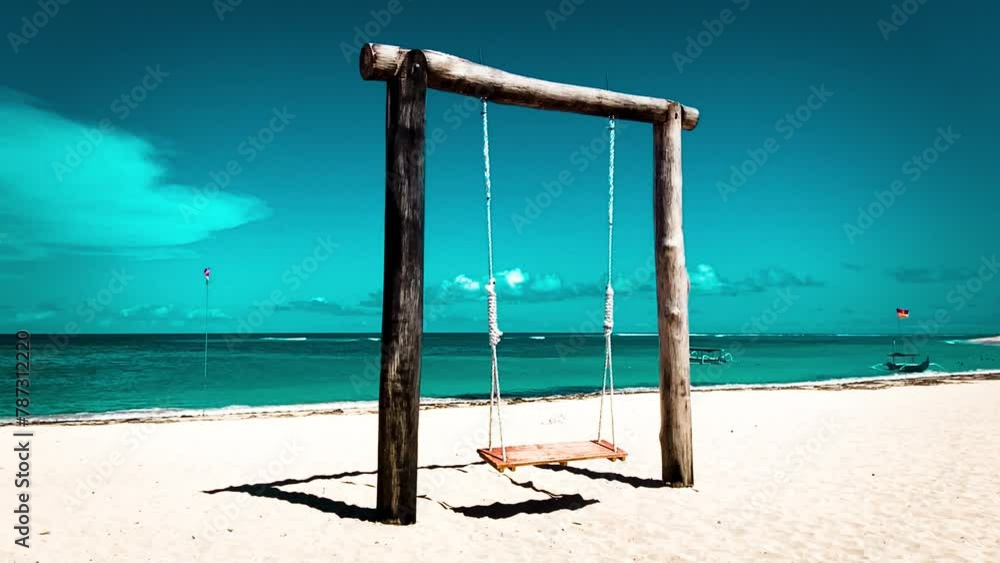 Empty swing against blue sky at beach.