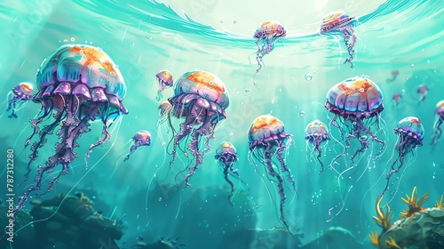 A school of jellyfish floating gracefully in a crystal clear ocean, created by a unique illustrator