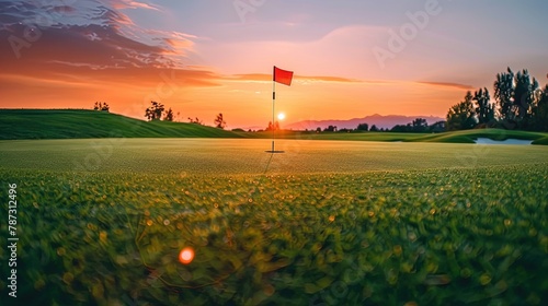 Fototapeta Naklejka Na Ścianę i Meble -  Golf course landscape at beautiful sunset with red flag on green grass