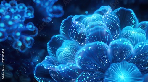 Bioluminescent designs in underwater fashion, glowing patterns, deep ocean neon, wide shot