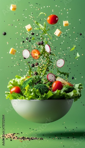 Fresh salad ingredients floating on green background, vibrant and healthy display