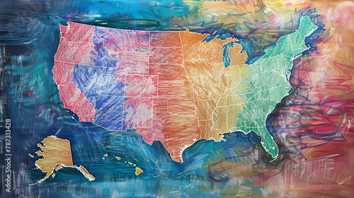 Textured USA Map, Brush Strokes and Abstract Colors, Artistic Background
