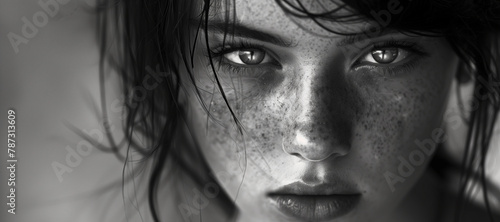 Close up black and white porrait of a teenager looking directly at the camera. She has dakr hair,, freckles and piercing eyes. A troubled teen but determined to survive on her own © Enrique