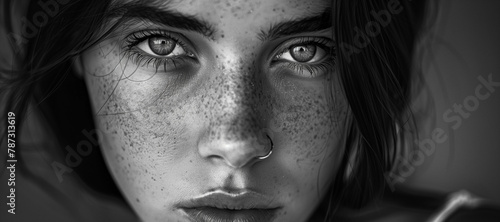 Close up black and white porrait of a teenager looking directly at the camera. She has dakr hair,, freckles and piercing eyes. A troubled teen but determined to survive on her own photo