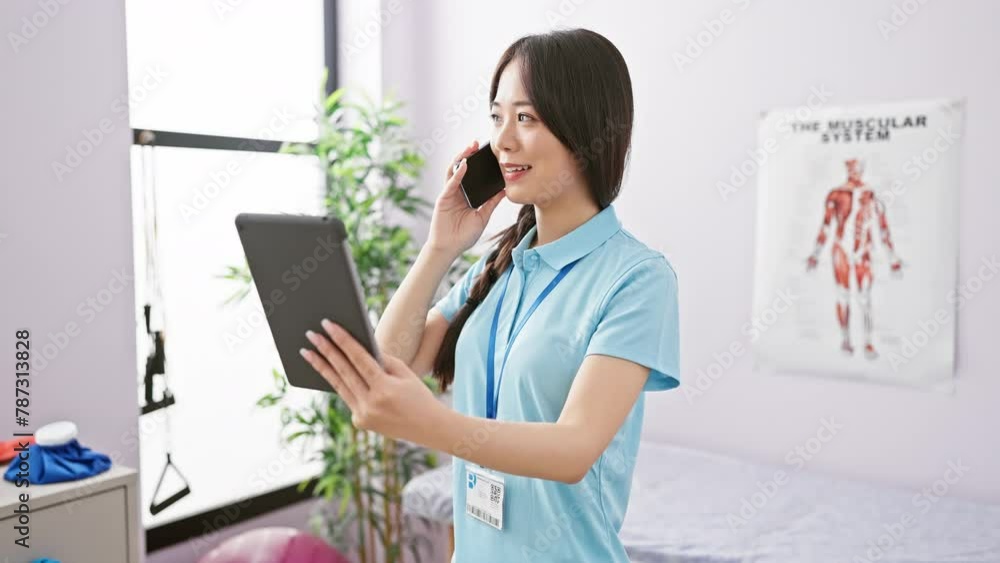 Chinese woman in a clinic talking on phone while holding a tablet Chinese woman in a clinic talking on phone while holding a tablet