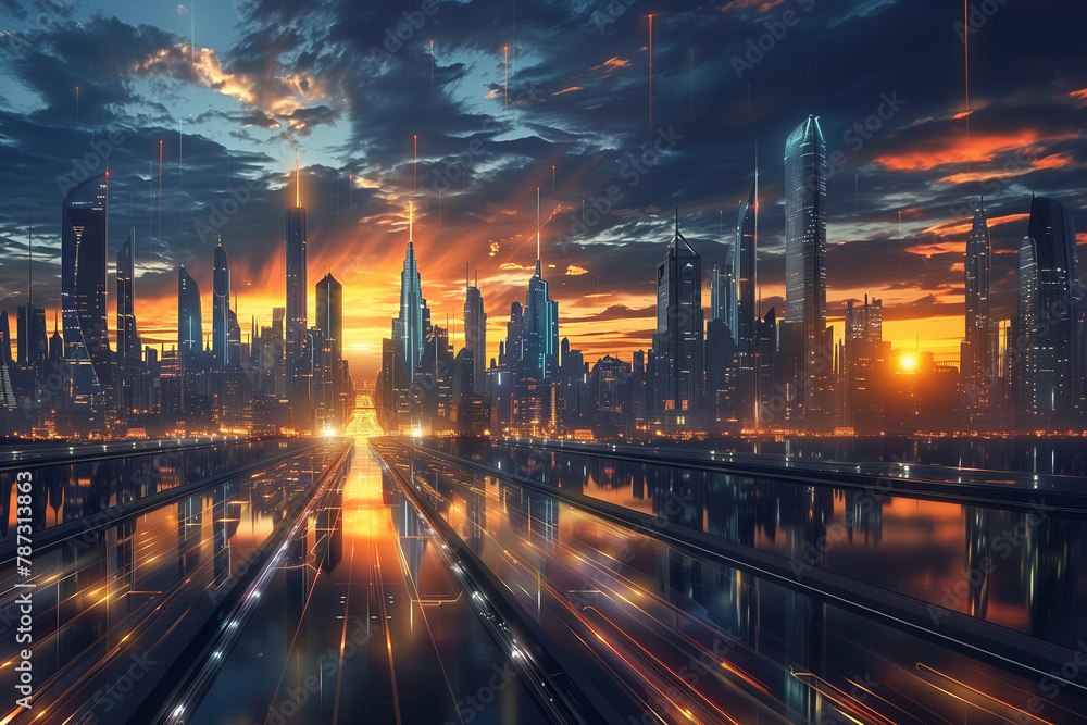 Sunrise over the street of glass skyscrapers of the business city; futuristic architecture of a financial building Smart city and communication network concept. 5G telecommunication. Digital Landscape