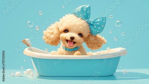A cute and fluffy cavoodle dog sitting in an elegant white bathtub filled with bubbles, on light blue background photo