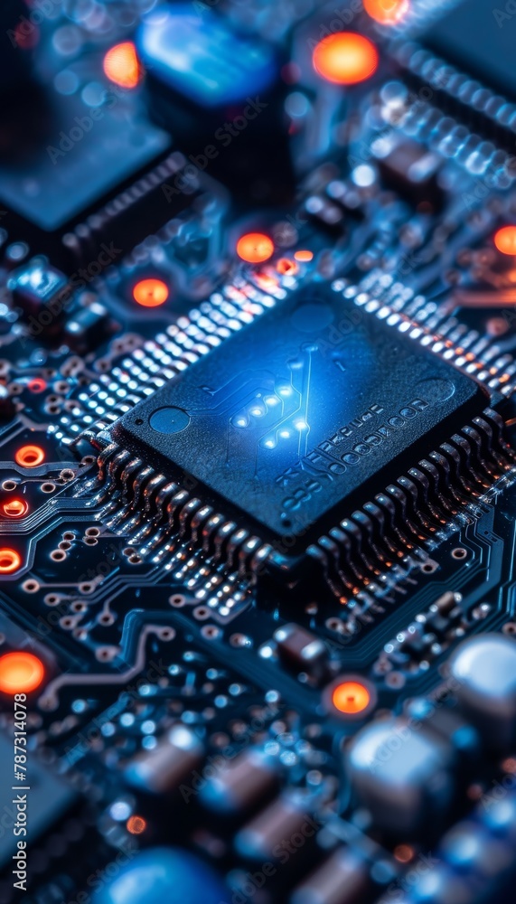 Fototapeta premium Computer hardware technology displayed on intricate electronic circuit board background