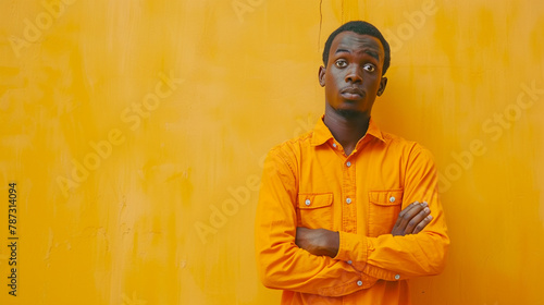 Confusion depicted by African American man in orange, copy space. 