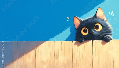 A cute cat peeking from behind the edge of an empty blue wall
