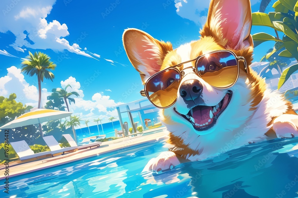 A cute corgi wearing sunglasses smiles at the camera with a tropical resort in the background
