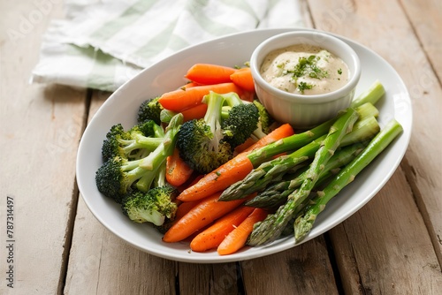 Roasted carrots, asparagus and broccoli with a dip