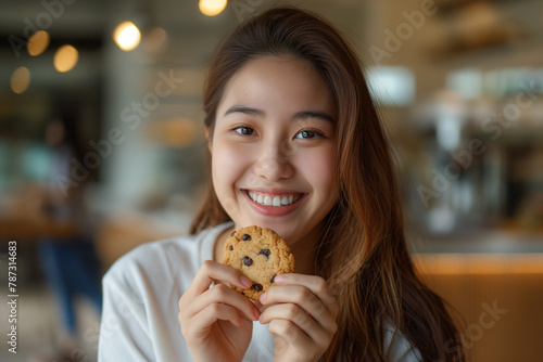 Portrait of an Asian happy attractive woman eating a chocolate chip cookie