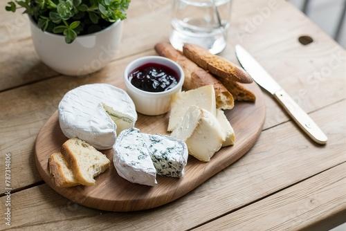 Small cheeseboard with brie, blue cheese, baguette and jam