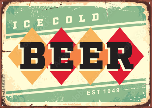 Ice cold beer vintage tin sign design for pub or cafe bar. Retro beer advertisement. Alcohol drinks vector poster illustration.