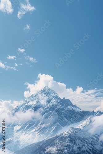 Blue Sky and White Clouds Over the Mountains Background. Beautiful Landscape Wallpaper with Soft Focus and Mountain Peak, Copy Space © RBGallery
