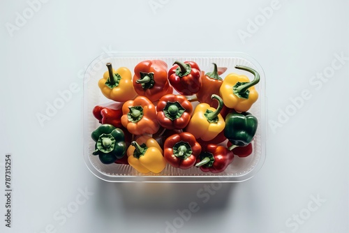 Tiny bell peppers in a plastic box isolated on white
