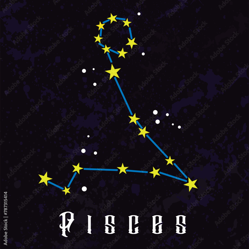 Colorful vector illustration of the constellation of pisces and its corresponding zodiac sign.