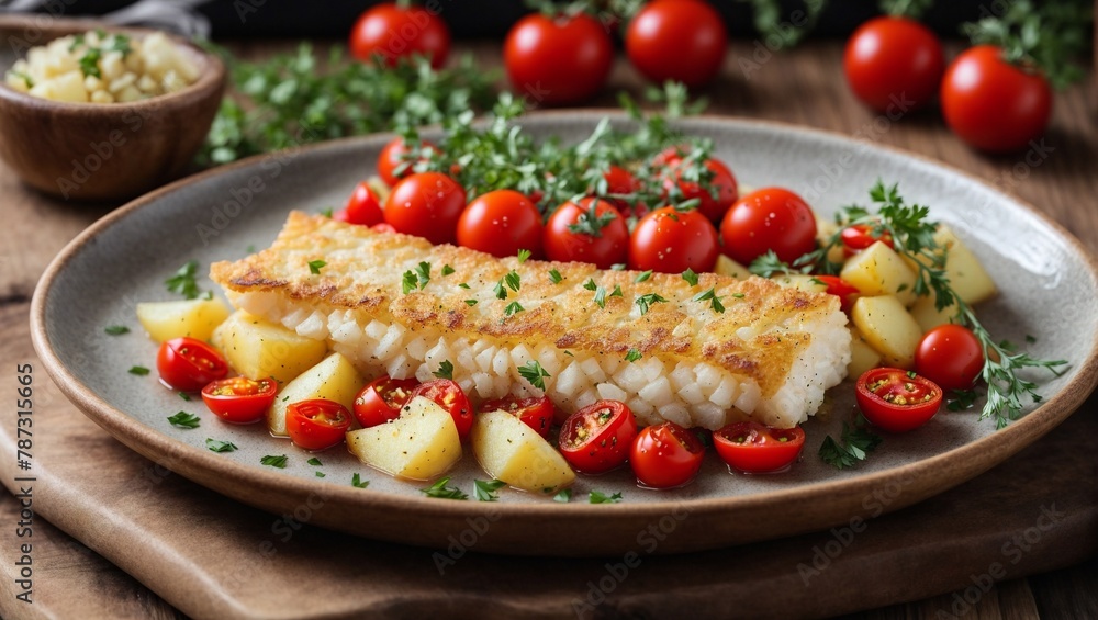 Baked cod with potatoes and cherry tomatoes on a wooden table and served with vegetables with potatoes, cherry tomatoes Baked cod with potatoes and cherry tomatoes on a wooden table and served with vegetables with potatoes, cherry tomatoes