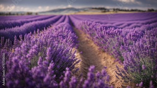 A breathtaking vista of a vibrant purple lavender field in the beautiful region of Provence, France, exuding the soothing aroma of summer blooms