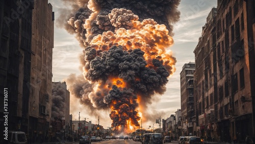 Fire in the city with missiles and rockets fired at residential areas. In a post-apocalyptic ruined city destroyed building burnt vehicle and broken roads