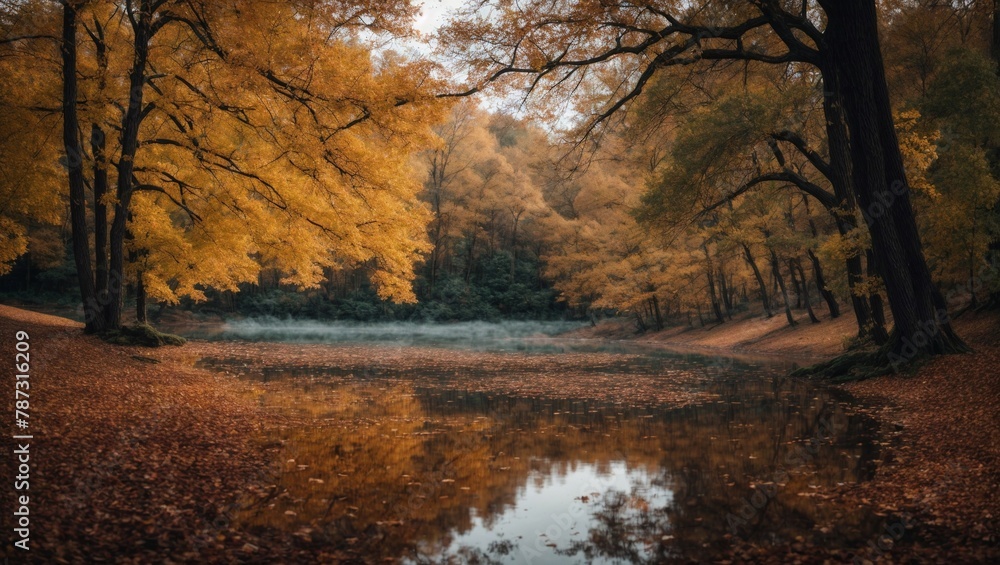 Autumnal Tranquility: A serene pond nestled amidst a vibrant tapestry of golden leaves, capturing the essence of autumnal beauty and tranquility. The interplay of light and shadow creates a sense of p Autumnal Tranquility: A serene pond nestled amidst a vibrant tapestry of golden leaves, capturing the essence of autumnal beauty and tranquility. The interplay of light and shadow creates a sense of p