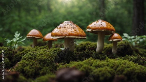 A brown forest fungus with a white cap emerges from the green moss on the forest floor in spring. photo