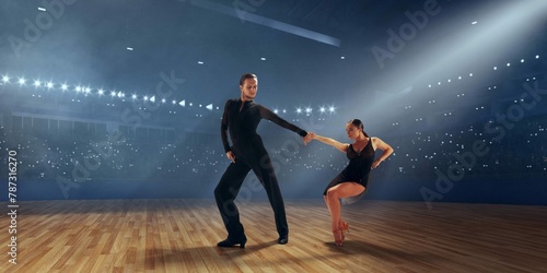 Couple Dancers Perform Latin Dance Large Professional Stage Ballroom Dancing