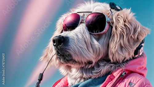 Golden Retriever wearing pink clothes and wearing glasses and red headphones on a blue, pink background. © Joesunt