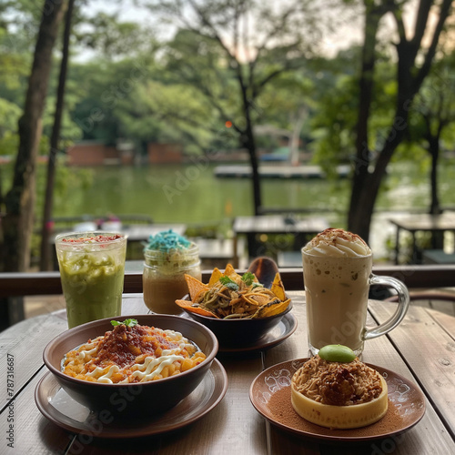 eat pasta, desert ice, Baobing, Nachos, Onion Ring, Ice Blend Coffee, Lemonade, Blue Mojito, Matcha Green coffee Latte served together at a wooden table in a cafe by a green lake in the morning photo