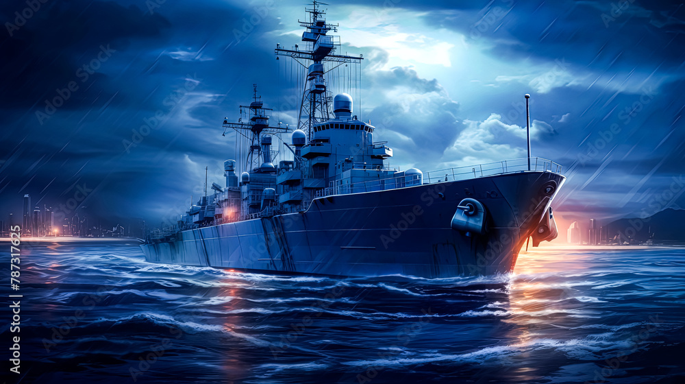 Fototapeta premium A large ship is in the water with a dark sky in the background.