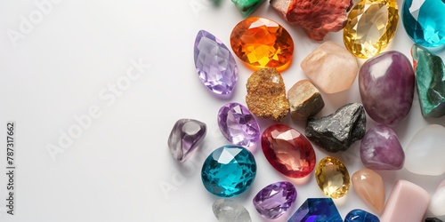 A diverse collection of polished precious gemstones and natural crystals on a white background, showcasing variety and wealth