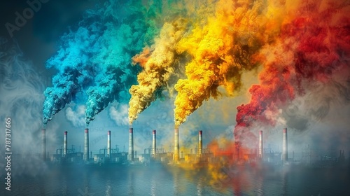 Four factory chimneys are emitting blue, green, yellow and red smoke into the sky.