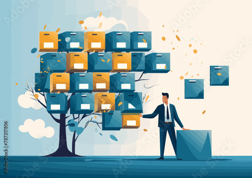 Businessman organizing documents into archive folders - Vector concept of file management, arranging paperwork, indexing data for business administration