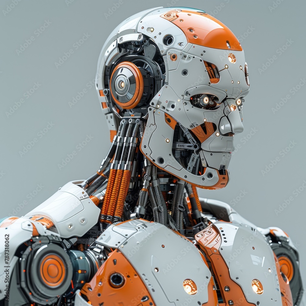 Fototapeta premium A highly detailed render of a futuristic robot head and upper torso.