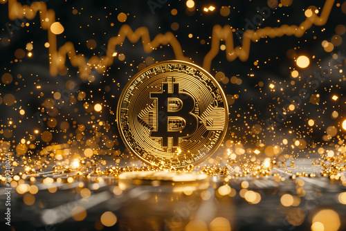 A shiny Bitcoin coin prominently displayed against a backdrop of glowing market charts.