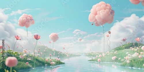 3d wallpaper, cute, Minimalist spring stream grass simple, grass, cute landscape, aspect ratio 2:1