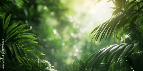 Serene and lush jungle landscape with sunlight filtering through the dense green foliage and dewy air photo